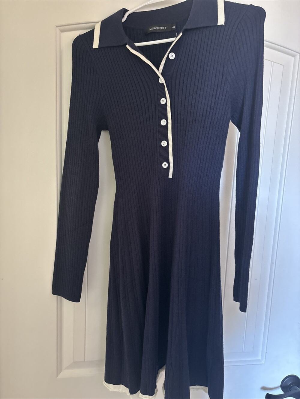 MEROKEETY navy blue sweater dress Small. Long-sleeve, ribbed knit design